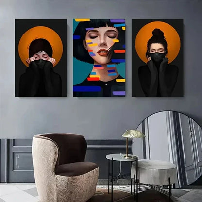 3pcs Vibrant Geometric Female Portraits Wall Art Set Canvas Unframed - High Quality Print 100% Australian Made Wall Canvas