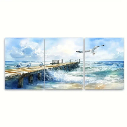 3pcs Beach Pier Ocean Seagull Waves Scene Wall Art Set Canvas Framed 40x60cm - High Quality Print 100% Australian Made Wall Canvas Ready to Hang - Bella Home Decor