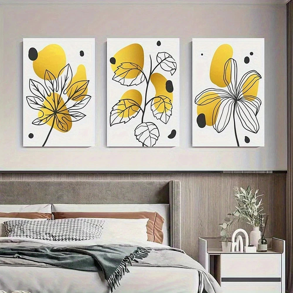 3pcs Abstract Floral Yellow and Black Leaves Metal Print Ready to Hang Art - Bella Home Decor