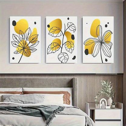 3pcs Abstract Floral Yellow and Black Leaves Metal Print Ready to Hang Art - Bella Home Decor