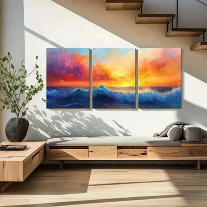 3pcs Sunset Ocean Waves Vibrant Sky Wall Art Set Canvas Framed 60x90cm - High Quality Print 100% Australian Made Wall Canvas Ready to Hang - Bella Home Decor