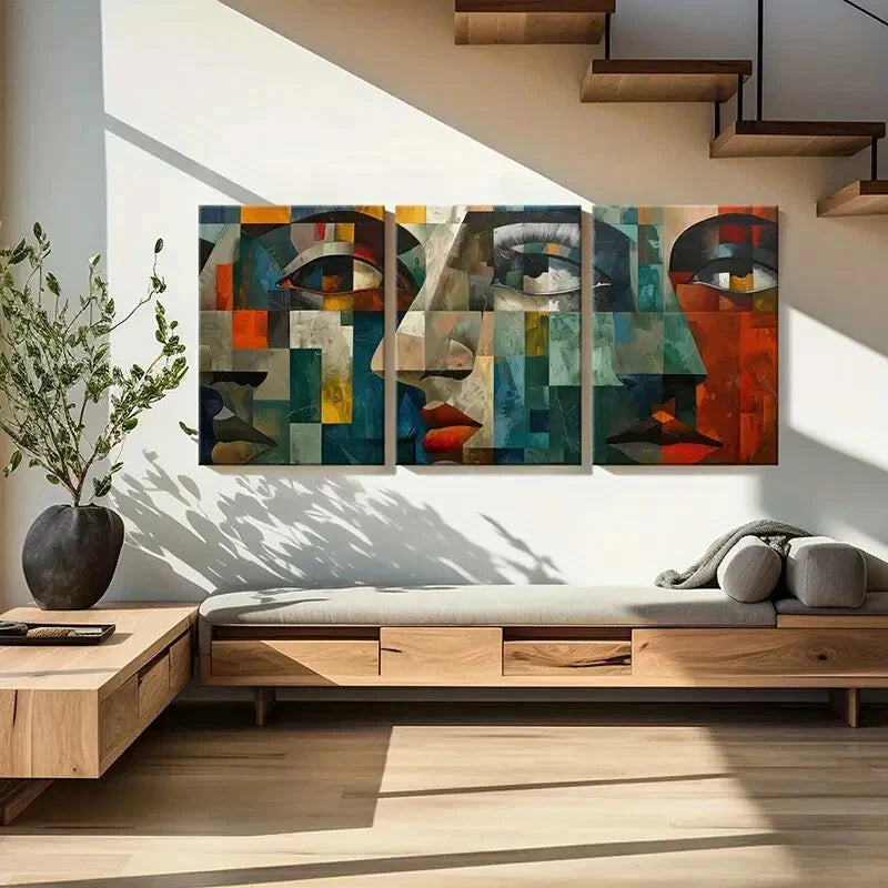 3pcs Set of Vibrant Color Abstract Geometric Face Metal Print Ready to Hang Art - Bella Home Decor