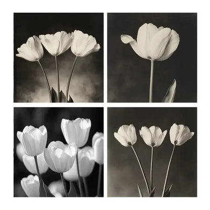 4pcs Black And White Photography Paintings,Tulip Wall Art Canvas Framed