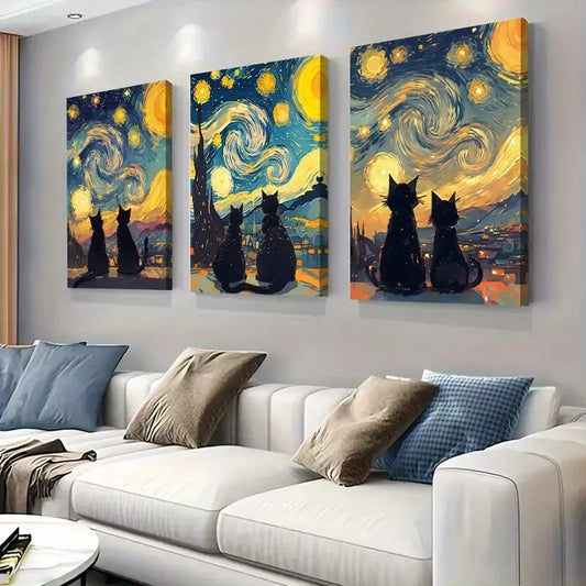 3pcs Starry Cats' Night-time View Art Set Canvas Framed 50x70cm - High Quality Print 100% Australian Made Wall Canvas Ready to Hang