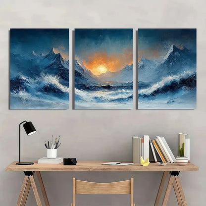 3pcs Abstract Wave & Mountain Landscape Metal Print Ready to Hang Art - Bella Home Decor