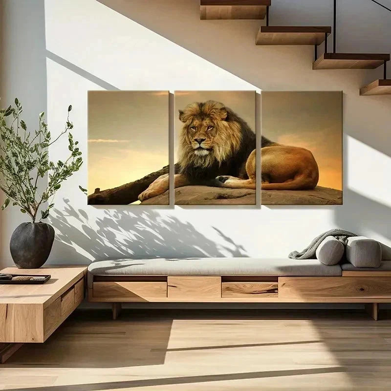 3pcs Majestic Lion Sitting on a Rock Wall Art Set Canvas Framed 60x90cm - High Quality Print 100% Australian Made Wall Canvas Ready to Hang