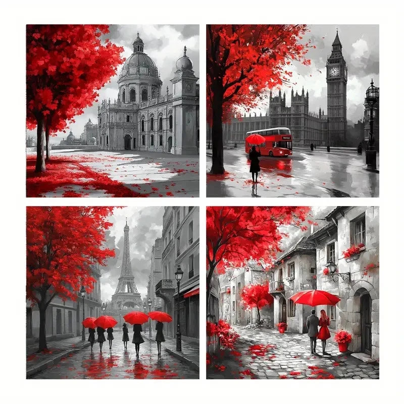 4pcs Red Leaf Square Wall Art Canvas Framed
