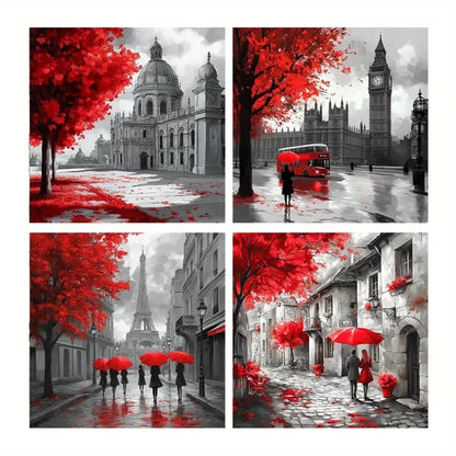 4pcs Red Leaf Square Wall Art Canvas Framed