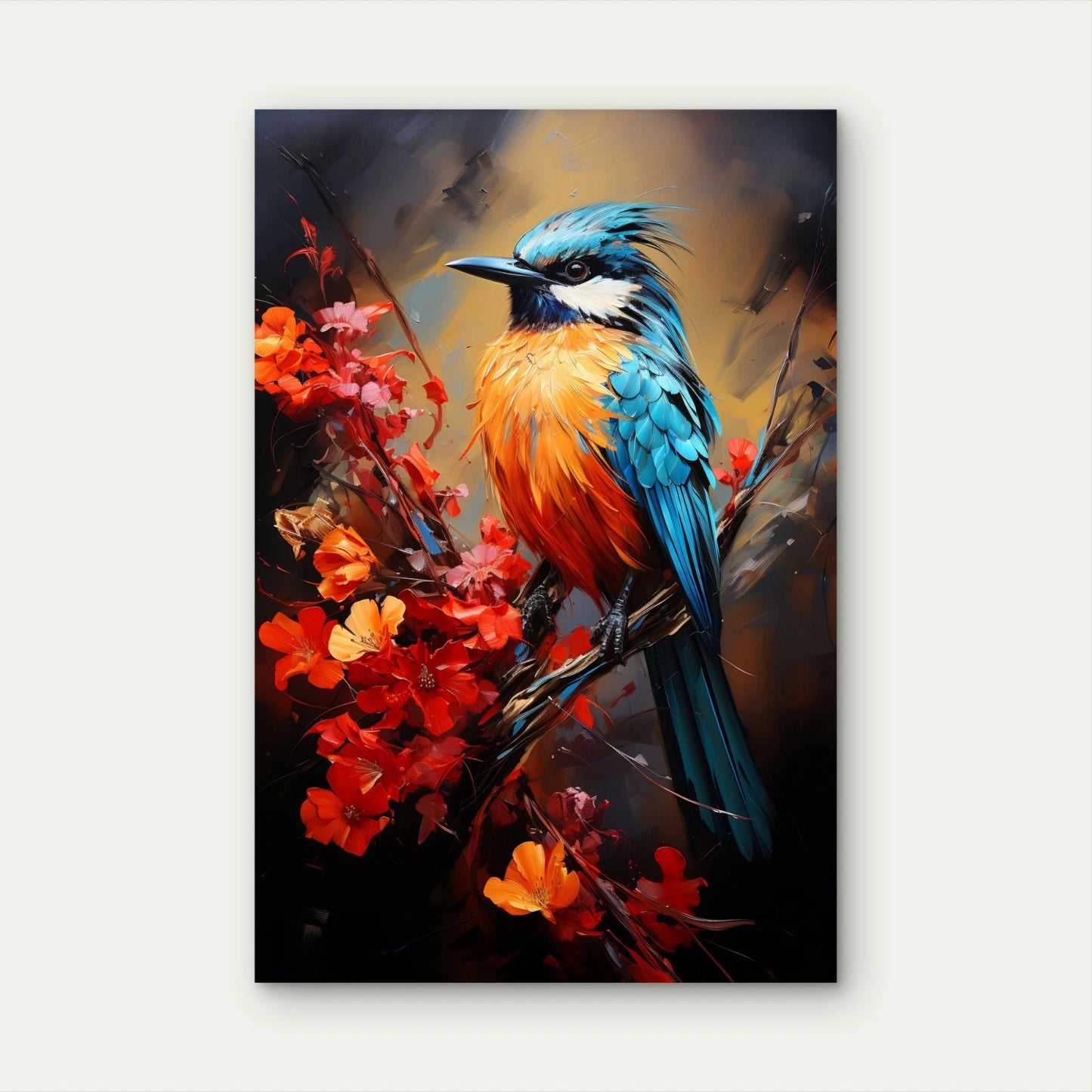 Vibrant Exotic Kingfisher & Red Floral Fine Art 40x60cm Metal Print Ready to Hang