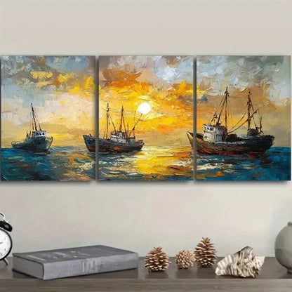 3pcs Vibrant Sunset Boats Scene Decor Wall Art Canvas Unframed - High Quality Print 100% Australian Made Wall Canvas