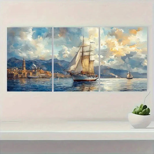 3pcs Watercolor Cityscape with Sailboats Metal Print Ready to Hang Art