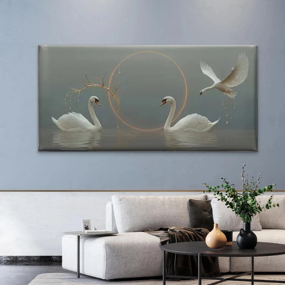 Swan with Water Reflection Wall Art Canvas Office Home Room Framed 120x60cm