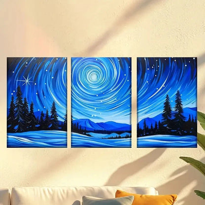 3pcs Vibrant Starry Night Snow Mountain Scene Wall Art Set Canvas Framed 40x60cm - High Quality Print 100% Australian Made Wall Canvas Ready to Hang