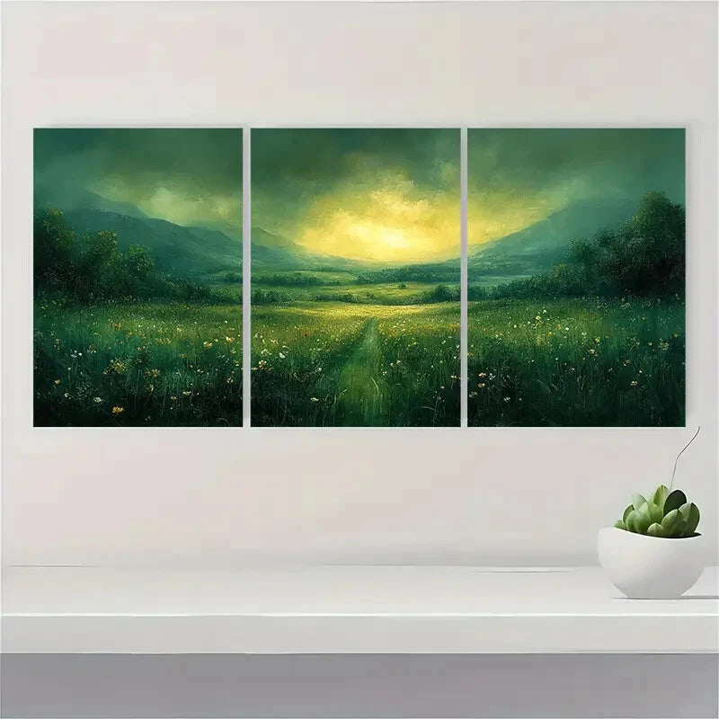 3pcs Verdant Meadow Landscape Abstract Nature Metal Print Ready to Hang Art - Bella Home Decor