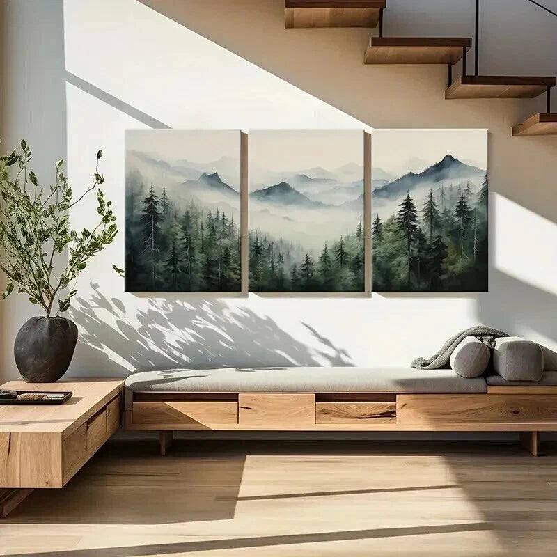 3pcs Misty Mountain Landscape Forest Scenery Wall Art Set Canvas Framed 50x70cm - High Quality Print 100% Australian Made Wall Canvas Ready to Hang - Bella Home Decor