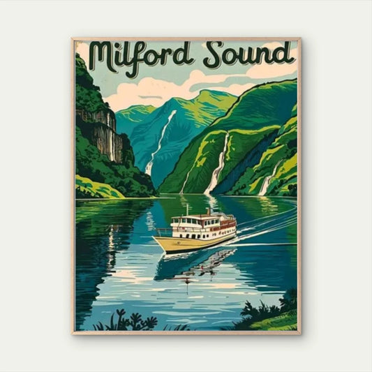 Milford Sound New Zealand Turquoise Waters & Fjord Travel Poster Print Wall Art