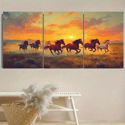 3pcs Wild Horses Running at Sunset Metal Print Ready to Hang Art - Bella Home Decor