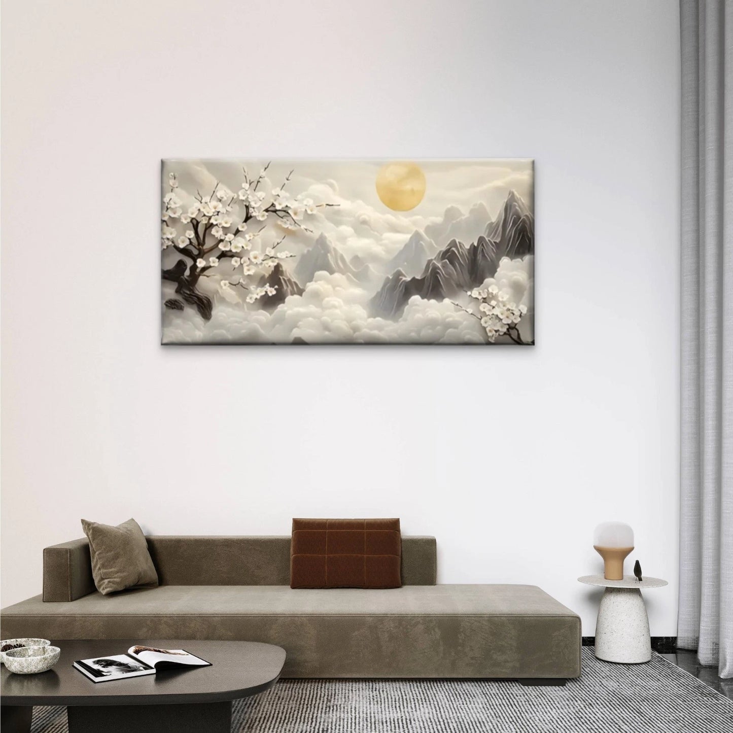Moon & Cherry Blossom Mountain Wall Art Canvas Office Home Room Framed 120x60cm