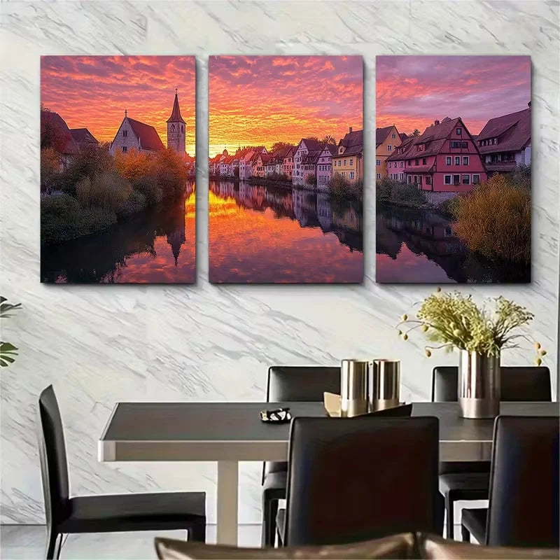 3pcs , Orange Sunset Over Rothenburg Metal Print Ready to Hang Art - Bella Home Decor