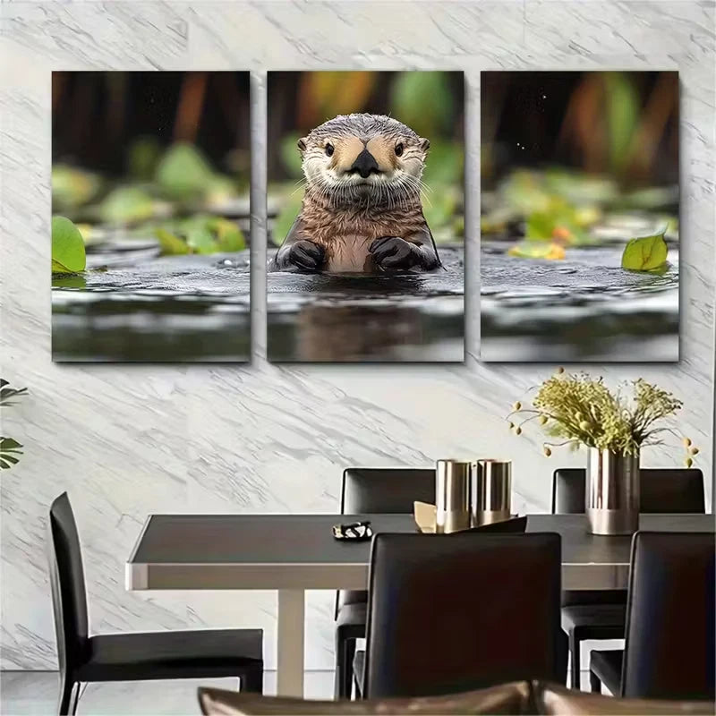3pcs Floating Sea Otter with Expressive Eyes Metal Print Ready to Hang Art