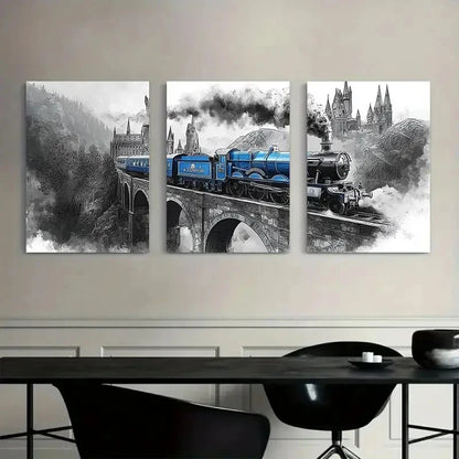 3pcs Black and White Smoke Train Scene Metal Print Ready to Hang Art - Bella Home Decor