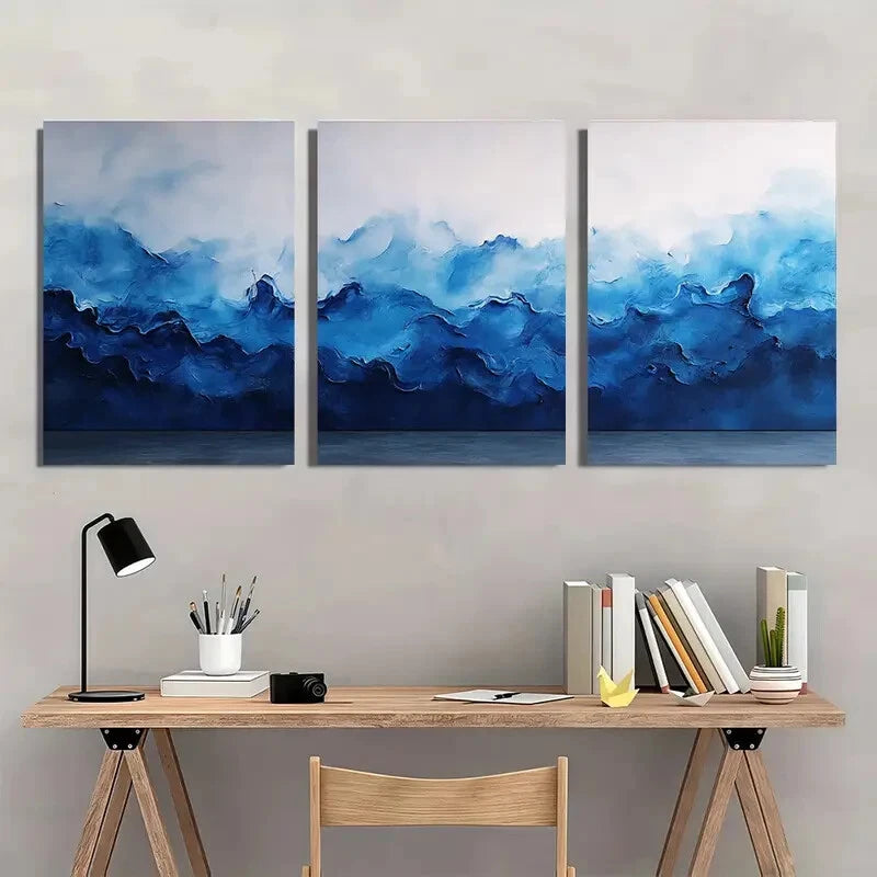 3pcs Cobalt Blue Painting Watercolor Art Aqua Metal Print Ready to Hang Art - Bella Home Decor