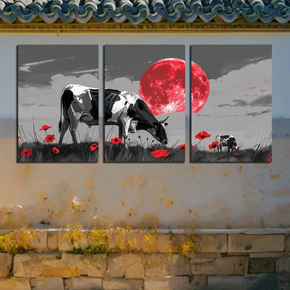 3pcs Chic Black Cow with Red Accent Illustration Metal Print Ready to Hang Art - Bella Home Decor