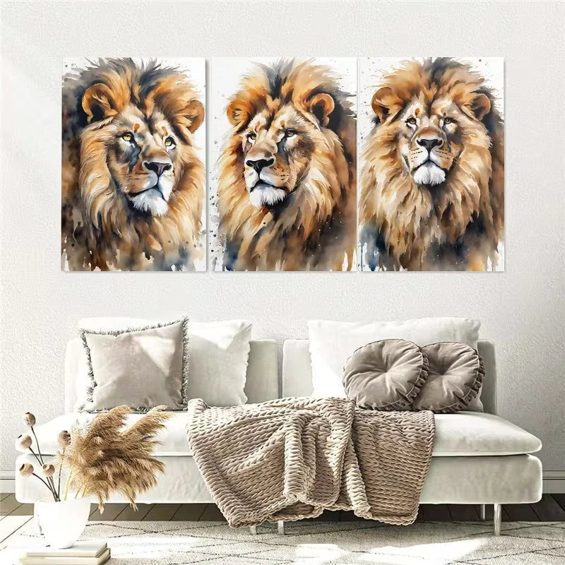 3pcs Lion Watercolor Safari Animal Wall Art Set Canvas Framed 40x60cm - High Quality Print 100% Australian Made Wall Canvas Ready to Hang
