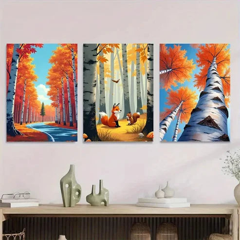 3pcs Autumn Forest Scene Fox and Squirrels Tree Wall Art Set Canvas Unframed - High Quality Print 100% Australian Made Wall Canvas - Bella Home Decor