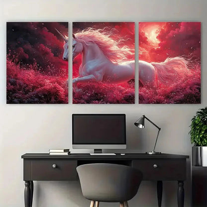 3pcs Dreamy Pink Unicorn Princess Illustration Metal Print Ready to Hang Art - Bella Home Decor