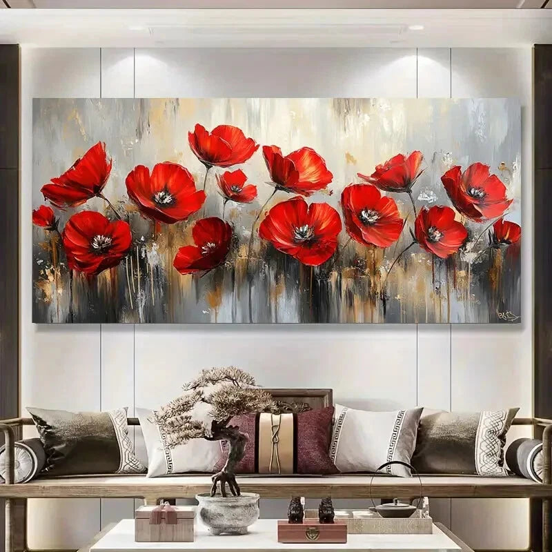 Golden Vibrant Red Poppy Wall Art wall canvas office home room framed 120x60cm - Bella Home Decor