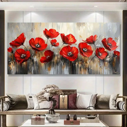 Golden Vibrant Red Poppy Wall Art wall canvas office home room framed 120x60cm - Bella Home Decor