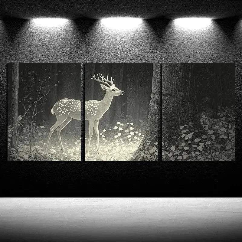 3pcs Glowing Elk in the forest Metal Print Ready to Hang Art