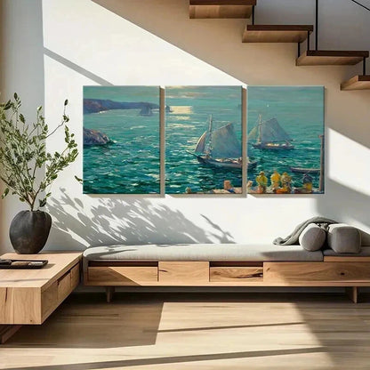 3pcs Sailing Ship on Sea Vintage Oil Style Wall Art Set Canvas Framed 50x70cm - High Quality Print 100% Australian Made Wall Canvas Ready to Hang - Bella Home Decor