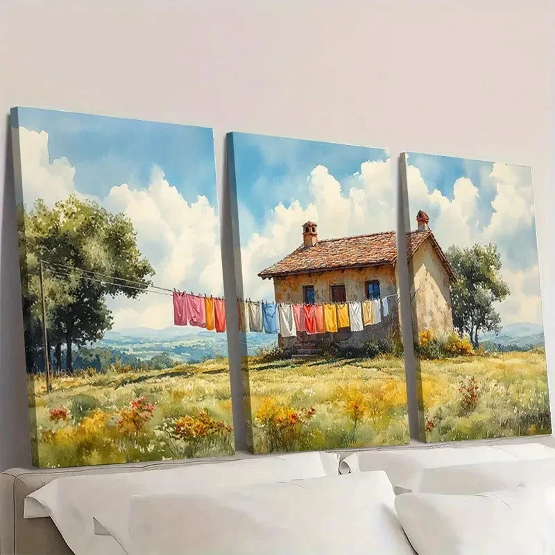3pcs Laundry Day Watercolor Painting Summer Z  Wall Art Set Canvas Framed 60x90cm - High Quality Print 100% Australian Made Wall Canvas Ready to Hang