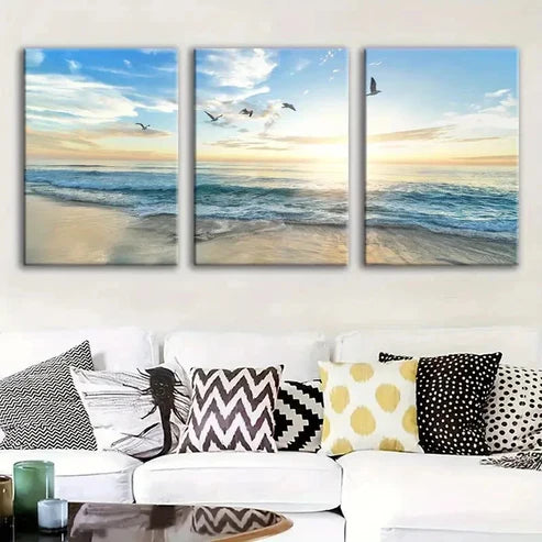 3pcs Beautiful Sea, Vibrant Sunset Wall Art Canvas Unframed - High Quality Print 100% Australian Made Wall Canvas