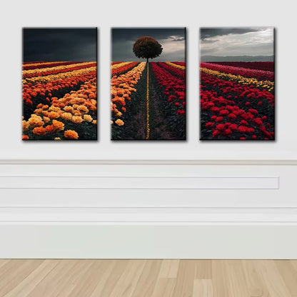 3pcs Charming Flower Fields Illustration Wall Art Set Canvas Framed 50x70cm - High Quality Print 100% Australian Made Wall Canvas Ready to Hang - Bella Home Decor