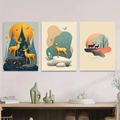 3pcs Modern Deer Forest Elegant Nature Golden Wall Art Set Wall Art Canvas Unframed – High Quality Print 100% Australian Made Wall Canvas