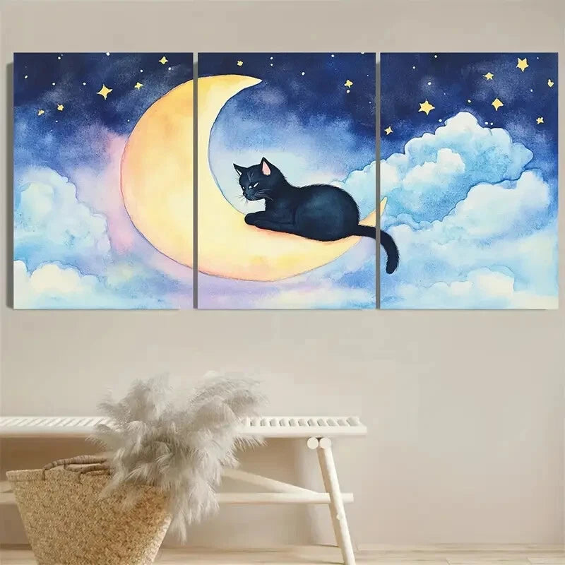 3pcs Black Cat on Crescent Moon and Cloud Metal Print Ready to Hang Art - Bella Home Decor