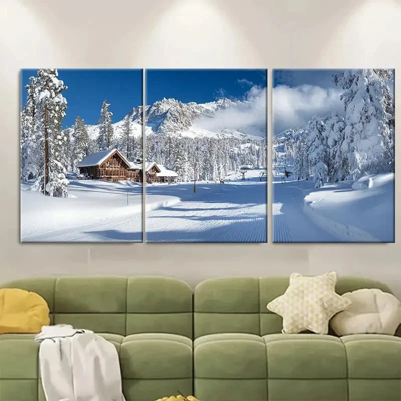 3pcs Village Scene with Sugar Bowl Ski VI Wall Art Set Canvas Framed 50x70cm - High Quality Print 100% Australian Made Wall Canvas Ready to Hang - Bella Home Decor