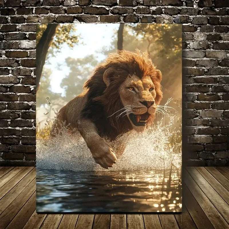 Steampunk Lion Splashing In Water On Sunny 40x60cm Metal Print Ready to Hang - Bella Home Decor