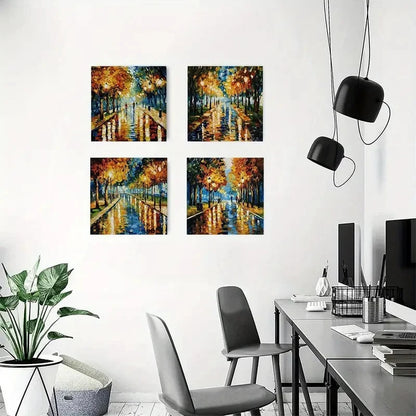 4pcs Colorful Autumn Scenes With Reflective Wall Art Canvas Framed