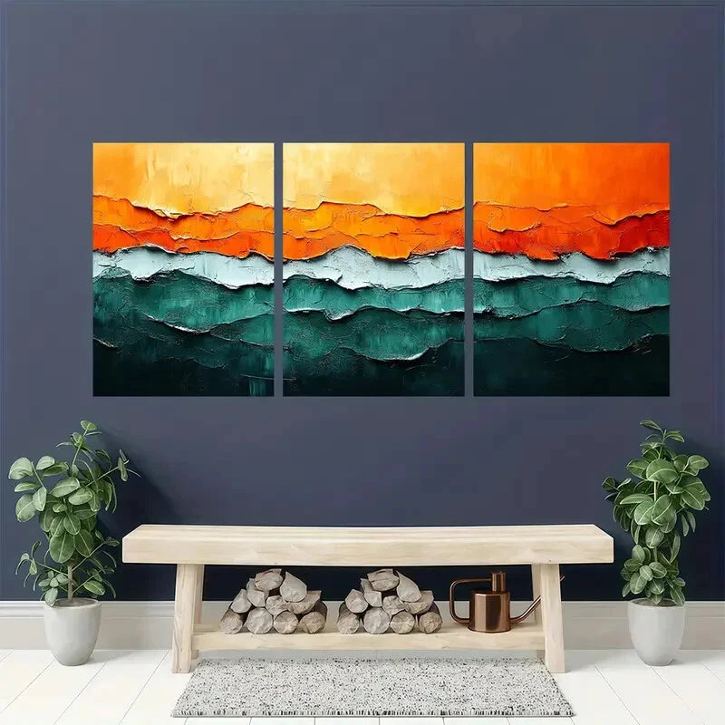 3pcs Orange and Green Abstract Painting Metal Print Ready to Hang Art - Bella Home Decor