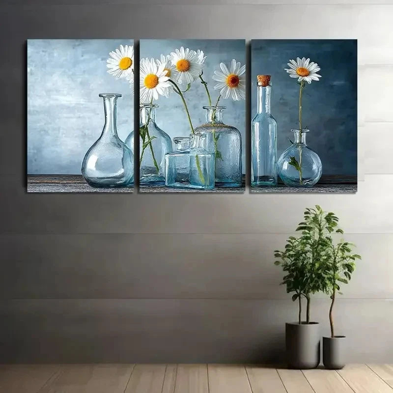 3pcs Flowers On a Glass Jar Wall Decor Metal Print Ready to Hang Art - Bella Home Decor