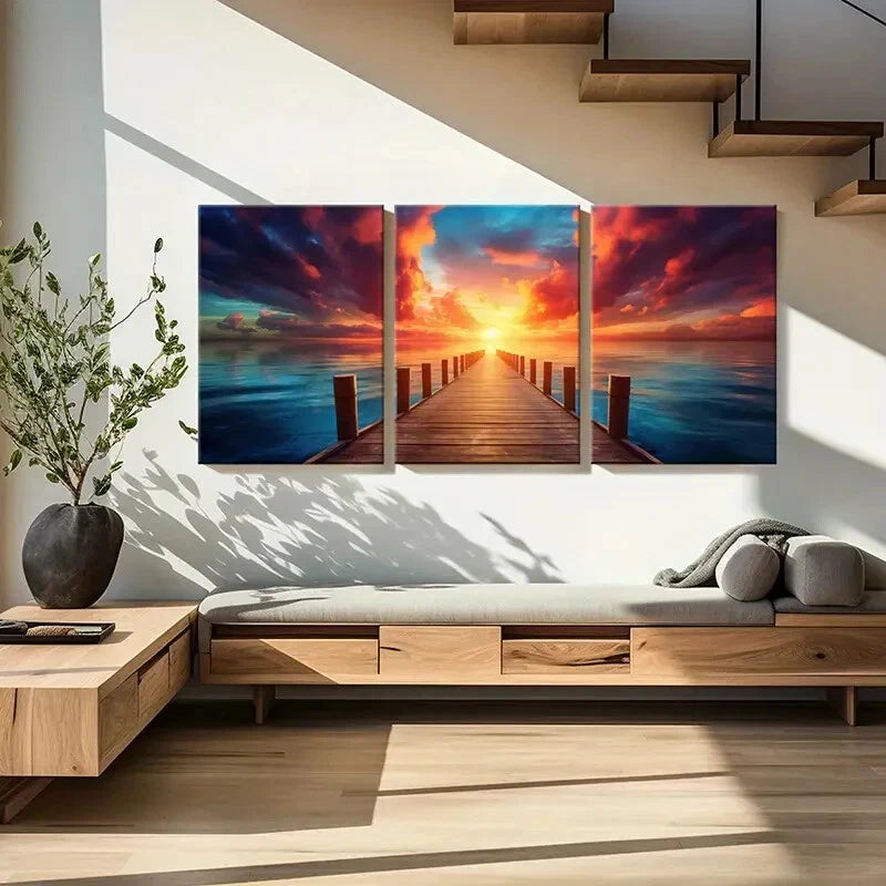 3pcs Sunset Wooden Pier Ocean View Dramatic Metal Print Ready to Hang Art - Bella Home Decor