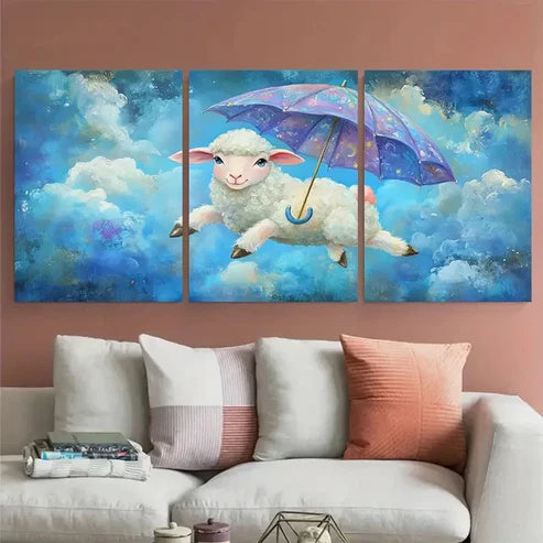 3pcs Flying Sheep with Umbrella Whimsical Design Wall Art Set Canvas Unframed - High Quality Print 100% Australian Made Wall Canvas - Bella Home Decor