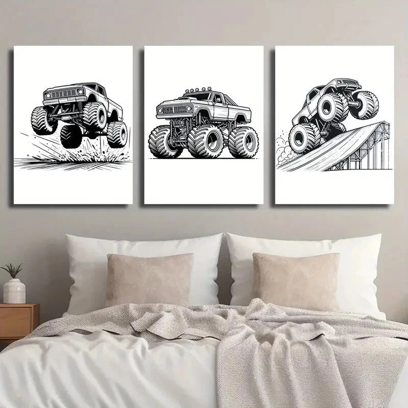 3pcs Black and White Truck Grasses Metal Print Ready to Hang Art