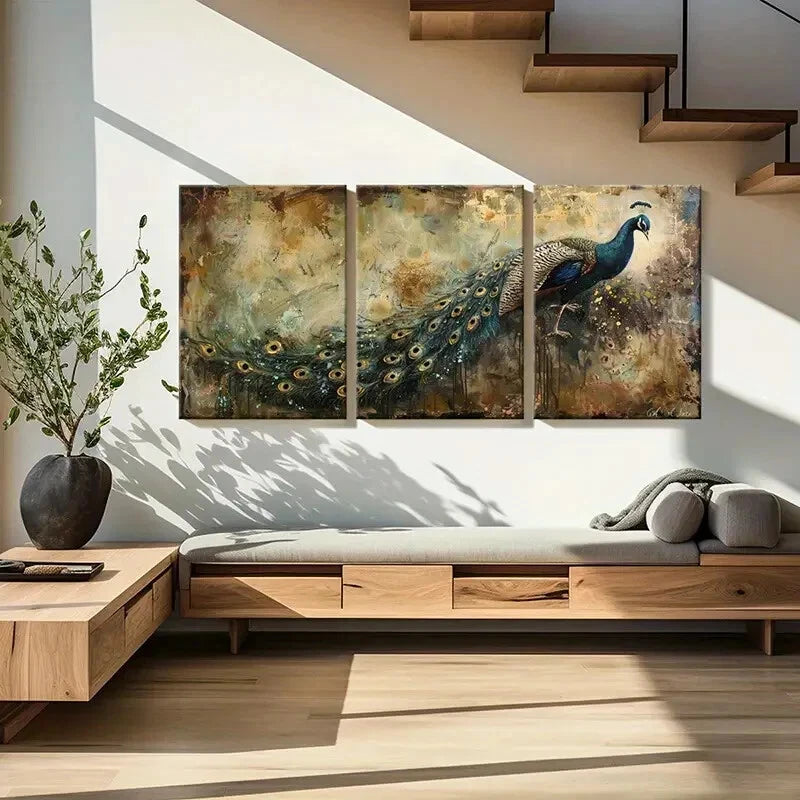 3pcs PeaRooster Feather Design Abstract Background Metal Print Ready to Hang Art - Bella Home Decor