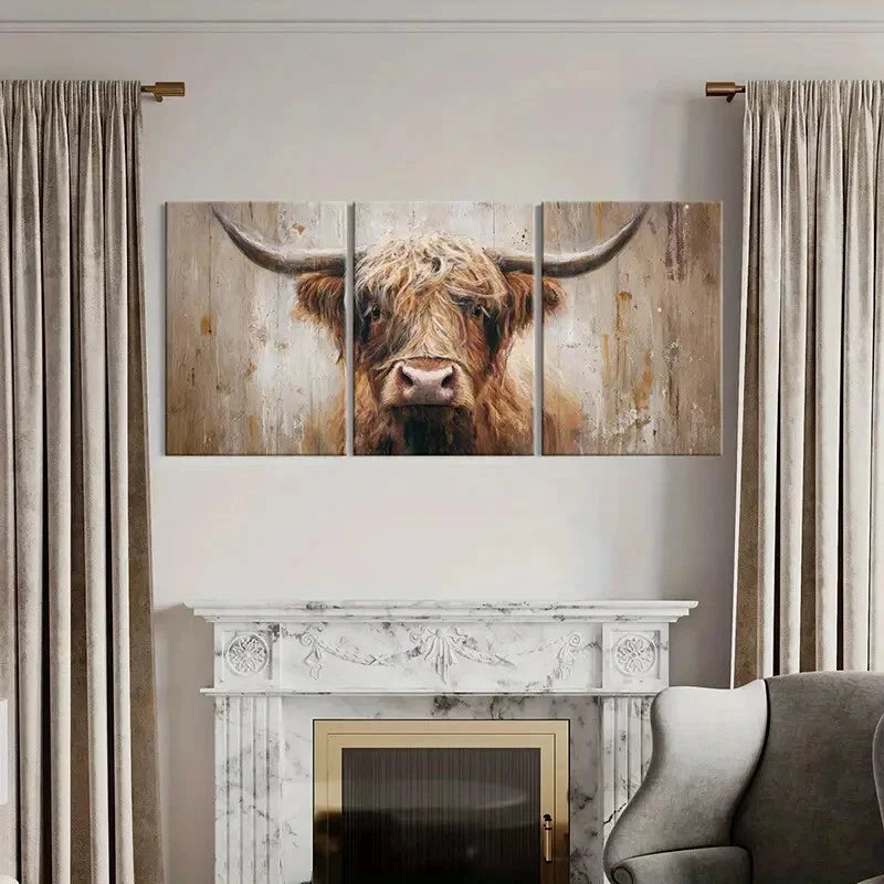 3pcs Highland Cow Art Rustic Farmhouse Painting Metal Print Ready to Hang Art - Bella Home Decor