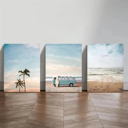 3pcs Turquoise Trucks Palm Trees Perfect Wall Art Set Canvas Framed 50x70cm - High Quality Print 100% Australian Made Wall Canvas Ready to Hang